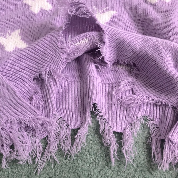 Cute Just Polly Purple Butterfly Cropped Distressed Sweater - Picture 10 of 11